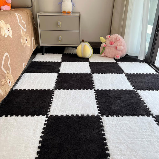 12 Pcs Plush Foam Interlocking Carpet Tiles,Soft Shaggy Fluffy Floor Area Rugs with Padding,Colorful Floor Protective Mats for Home Kids Room Playroom (White and Black, 11.8 x 11.8 x 0.39)