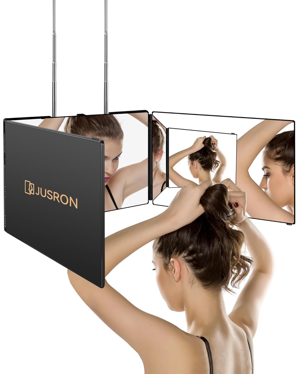 JUSRON 360 Viewing Angle Self Hair Cutting Mirror, Clear Anti-Fog HD Glass (Black Without LED Without Accessories)