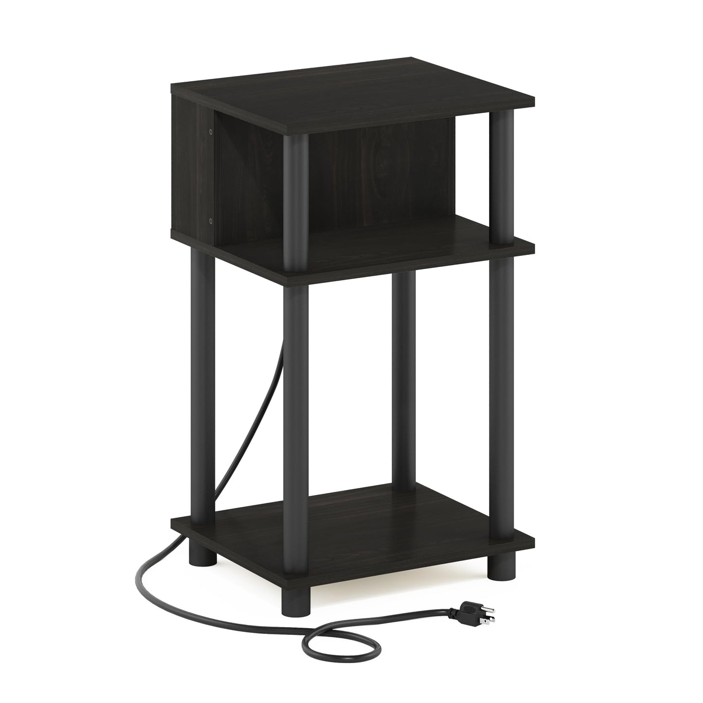 Furinno Just 3-Tier Turn-N-Tube Open Storage End Table with USB and Type-C Charging Port, 11.42 (W) x 9.92 (H) x 6.91 (D) inches, Espresso/Black