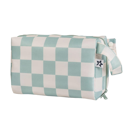 Tiny Twinkle Portable Waterproof Makeup Bag | Travel-Friendly Cosmetic Organizer with Convenient Carry Handle | Spacious Interior, and Secure Zipper Closure (Sage Checkers)