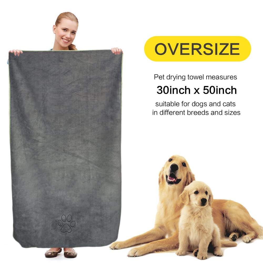 KinHwa Dog Towel Super Absorbent Microfiber Dog Drying Towel Soft Pet Bath Towel for All Dogs and Cats with Embroidered Paw Print 30inch x 50inch Gray