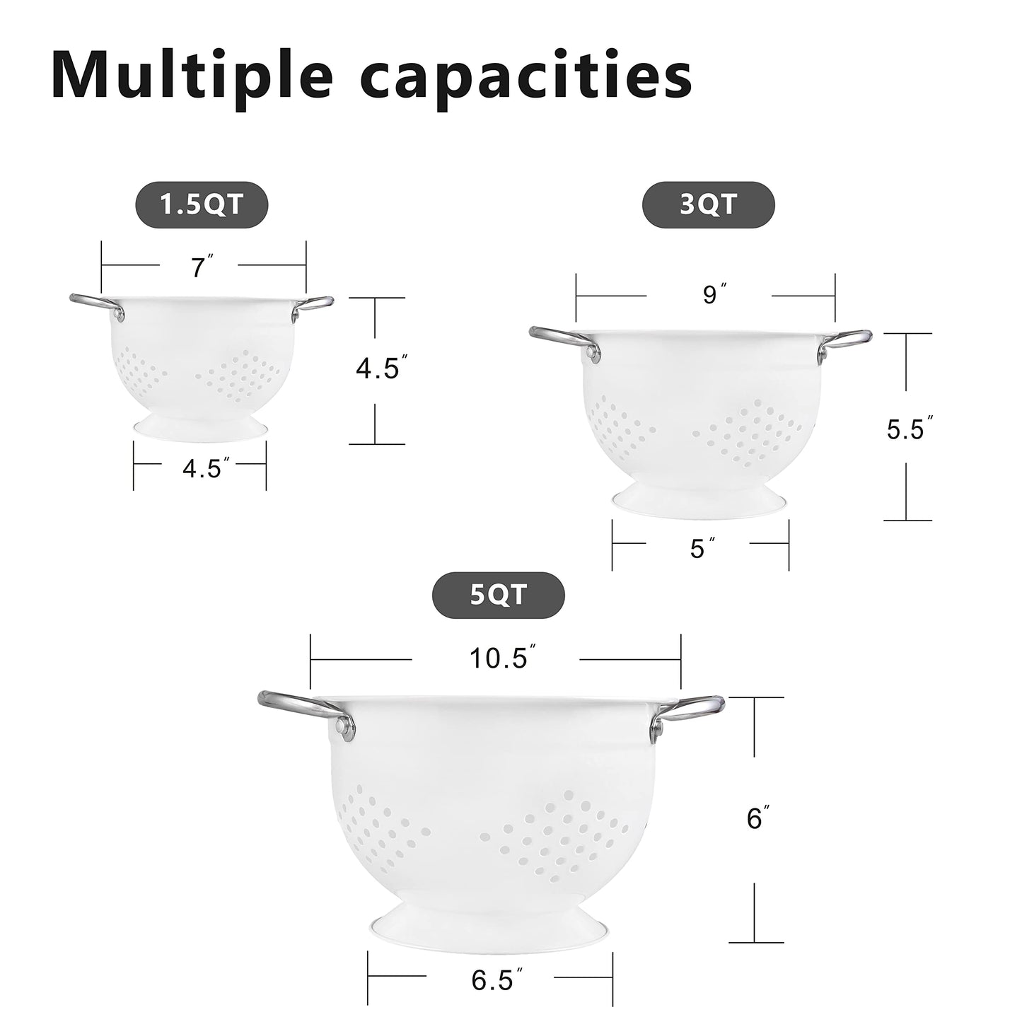 Hillbond Colander Set of 3, 1.5, 3, 5 QT Powder Coated Metal Strainers with Riveted Stainless Steel Handles and Stable Base, Food Strainers and Colanders for Kitchen, White