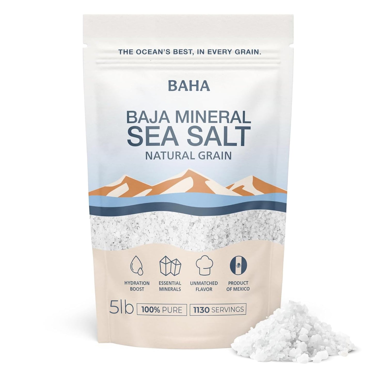 BAHA - Baja Mineral Sea Salt | BULK | 5 LBS Original Natural Grain Baha Salt from Sea of Cortez | Low Sodium Mineral Salt | For Cooking, Plating and Hydration | Salt for Grinding | 5 Lb. Bag