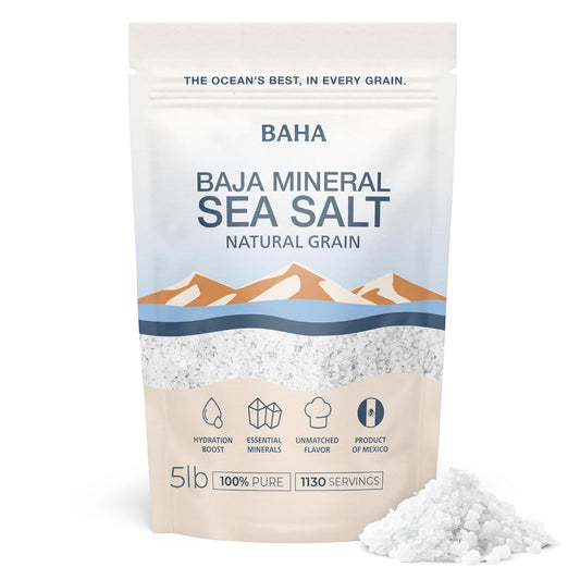 BAHA - Baja Mineral Sea Salt | BULK | 5 LBS Original Natural Grain Baha Salt from Sea of Cortez | Low Sodium Mineral Salt | For Cooking, Plating and Hydration | Salt for Grinding | 5 Lb. Bag