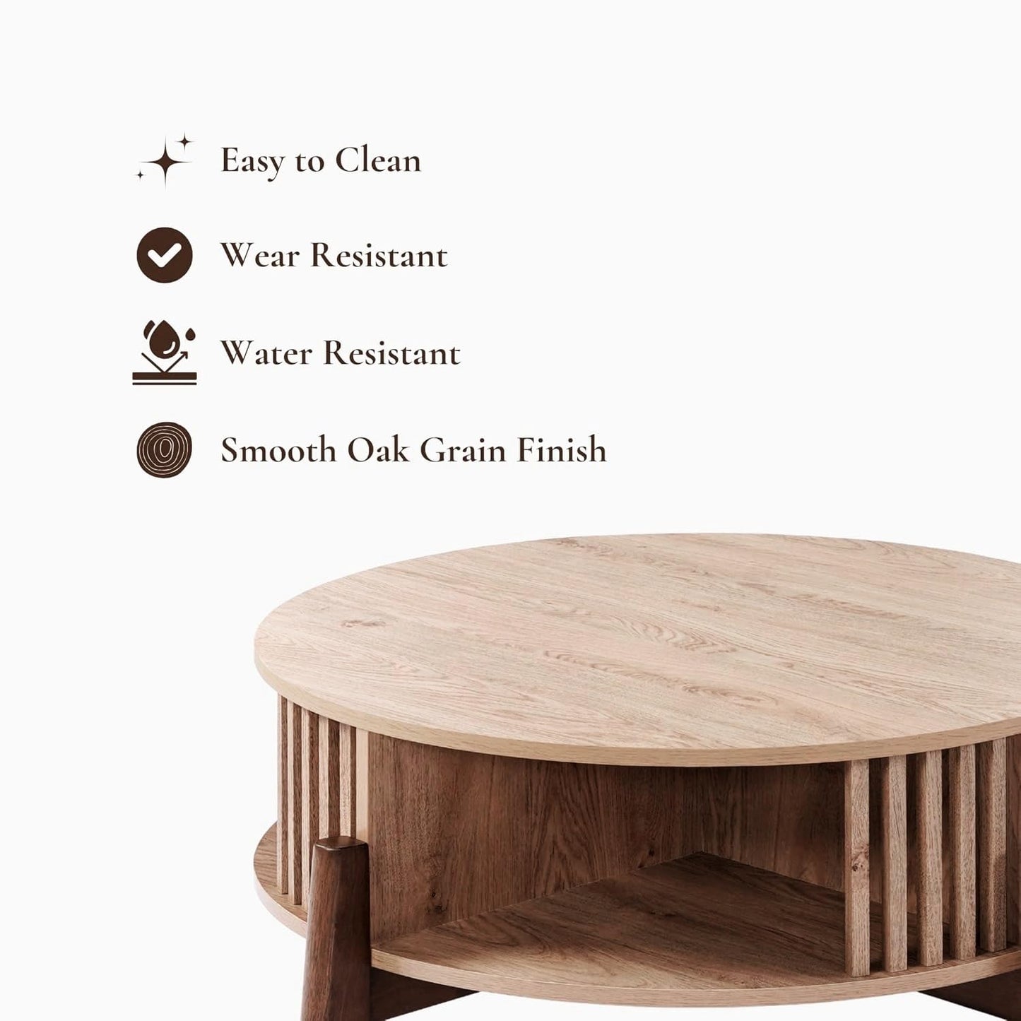 LuxenHome Round Coffee Table with Storage, 31.5" Oak Finish Wood Accent Tables with Wood Legs, Boho Center Table for Living Room, Wooden Circle Coffee Table with Open Storage for Home Office