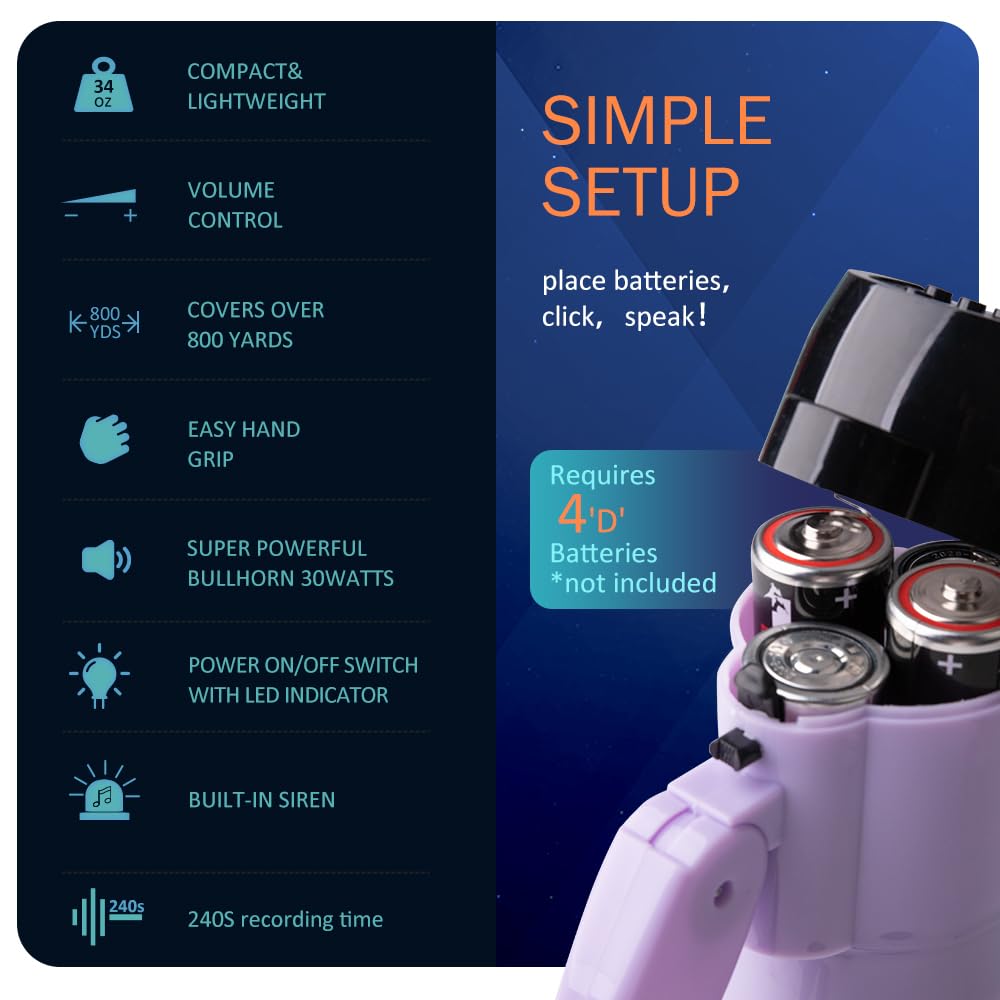 30 Watt Power Portable Megaphone Bullhorn Speaker Voice, Siren/Alarm and 240S Recording with Volume Control and Strap (Purple)