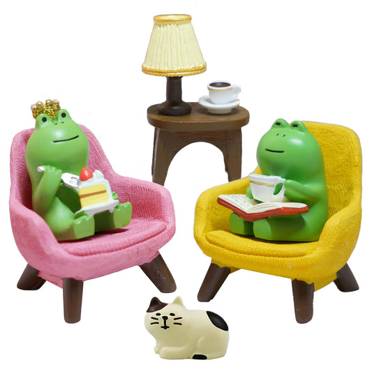 Inufcub Miniature Frog Desk Set with Sofa, Cat & Lamp - 6-Piece Cute Figurines for Office, Fairy Garden & Home Decor, Resin Gift for Frog Lovers