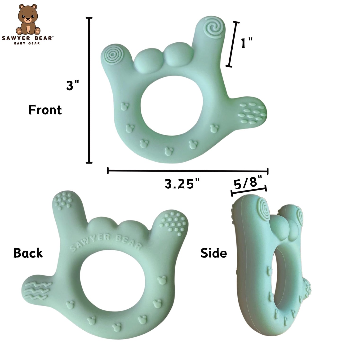 I Love You Silicone Hand Teether by Sawyer Bear Baby Gear, Teethers for Babies 3-6 Months, Soft Teething Toys 6-12 Months bpa Free, Massaging Teething Relief (Light Green)