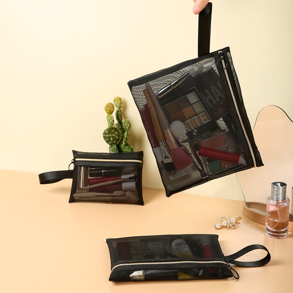 Mesh Cosmetic Bags with Zipper and Handle, Breathable Organization Pouch Pocket for Travel Purse Makeup Toiletry Office Home to Storage Items, 3pcs Black Assorted Sizes 9x8 8x6 6x4 inch