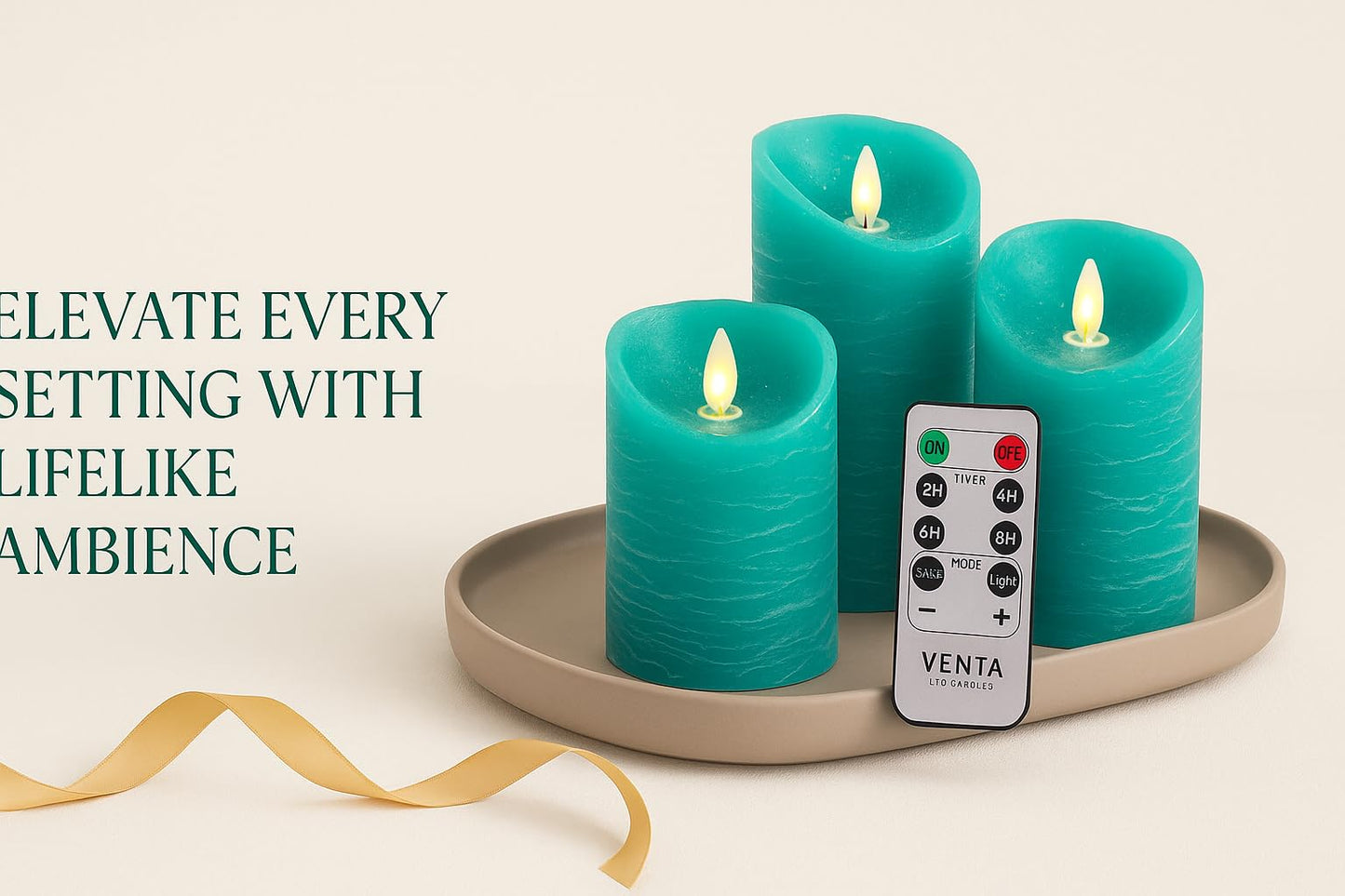 VENTA Flickering Flameless Candles with Remote Control - Led Candles Battery Operated - Battery Operated Candle for Decoration Table, Timer & Dimmer Features, Set - 3Pcs (4",5",6") (Turquoise)