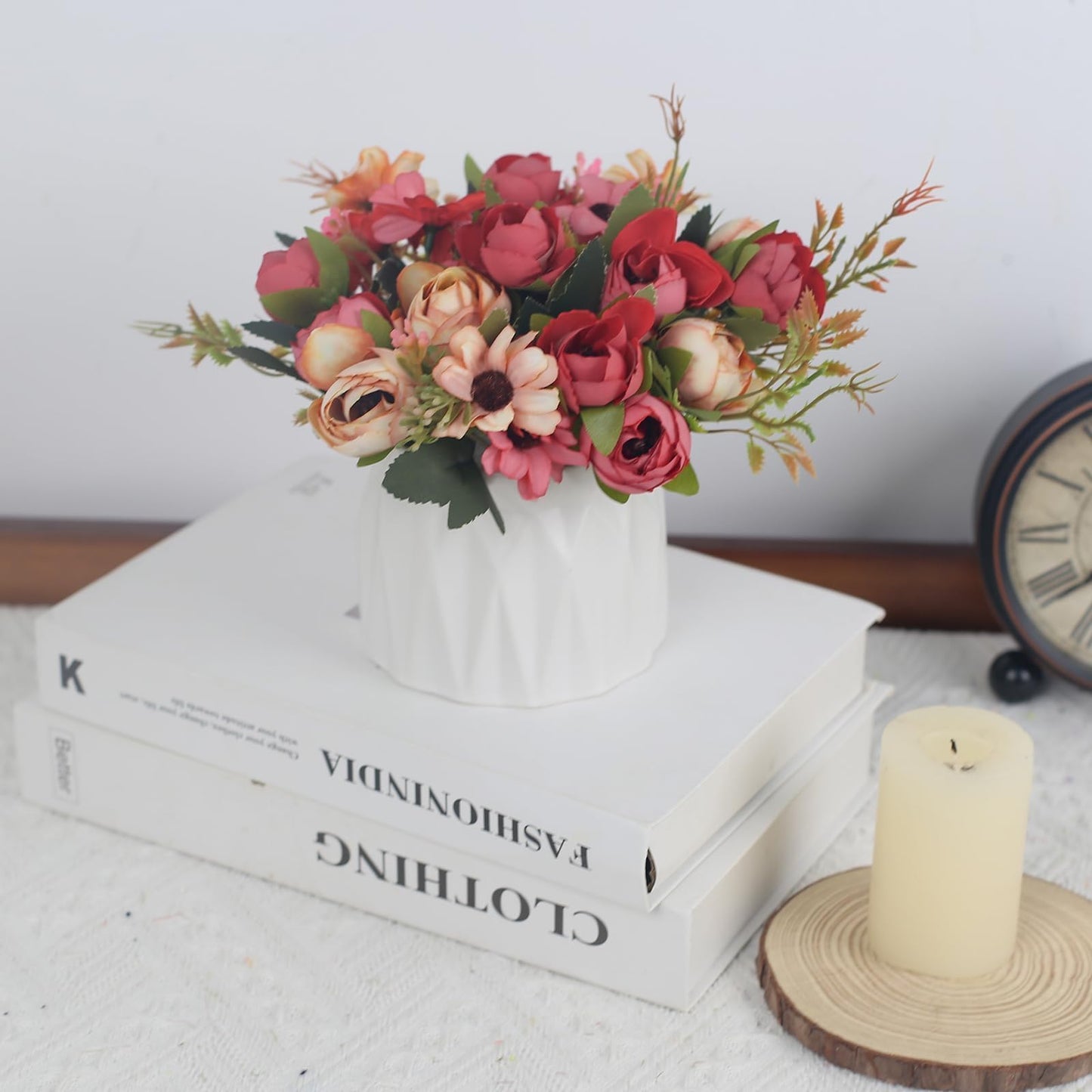 2 Pack Fake Flowers in Vase Small Artificial Faux Plants with Pot Indoor Summer Spring Decor Silk Rose Flowers for Centerpiece Table Decorations Home Office Desk Wedding Decor