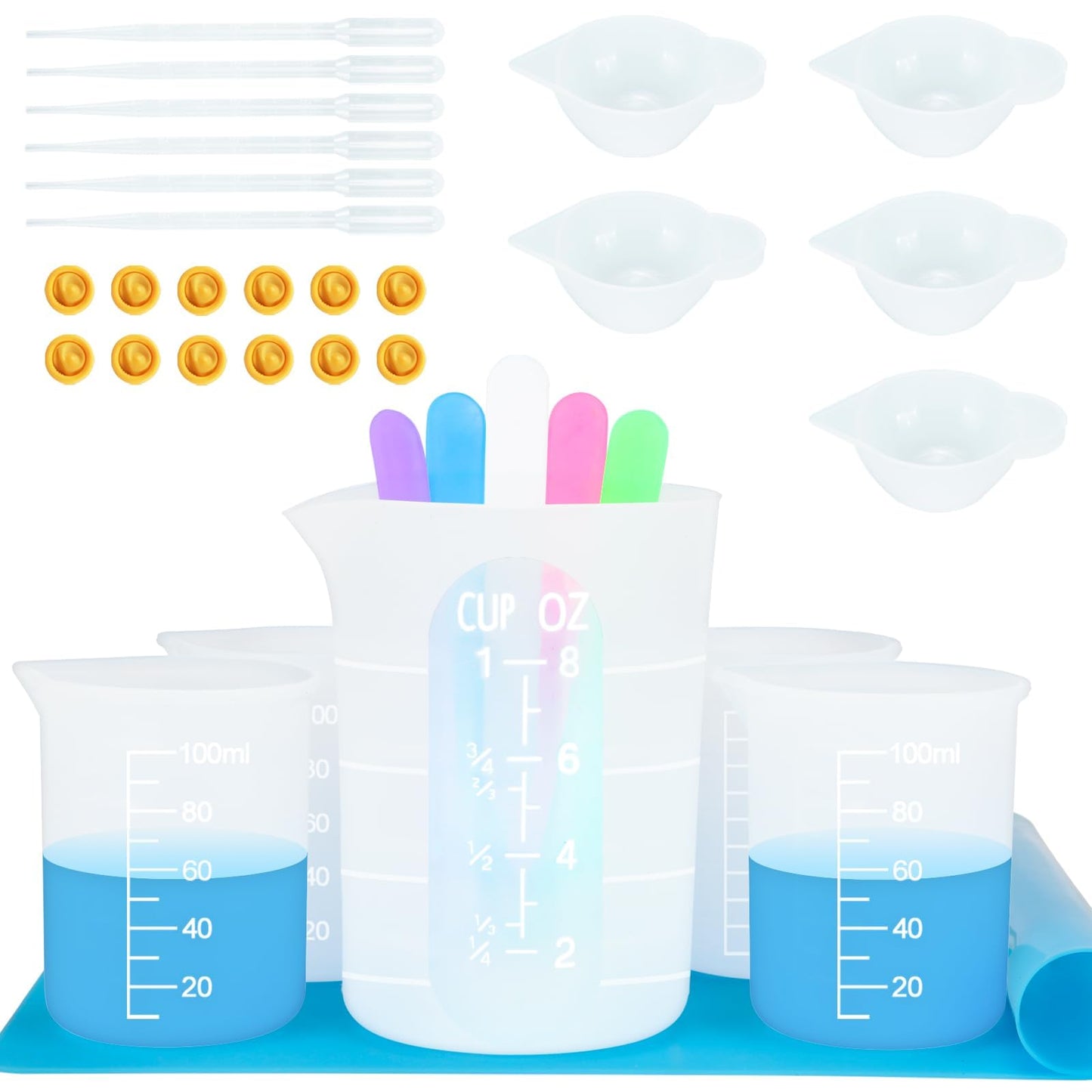 Silicone Measuring Cups Tool Kit , Non-Stick 250 & 100ml Epoxy Mixing Cups, Reusable Resin Supplies with Silicone Mat, Stir Sticks, Pipettes, Color Cups for Resin, Molds, Jewelry Making