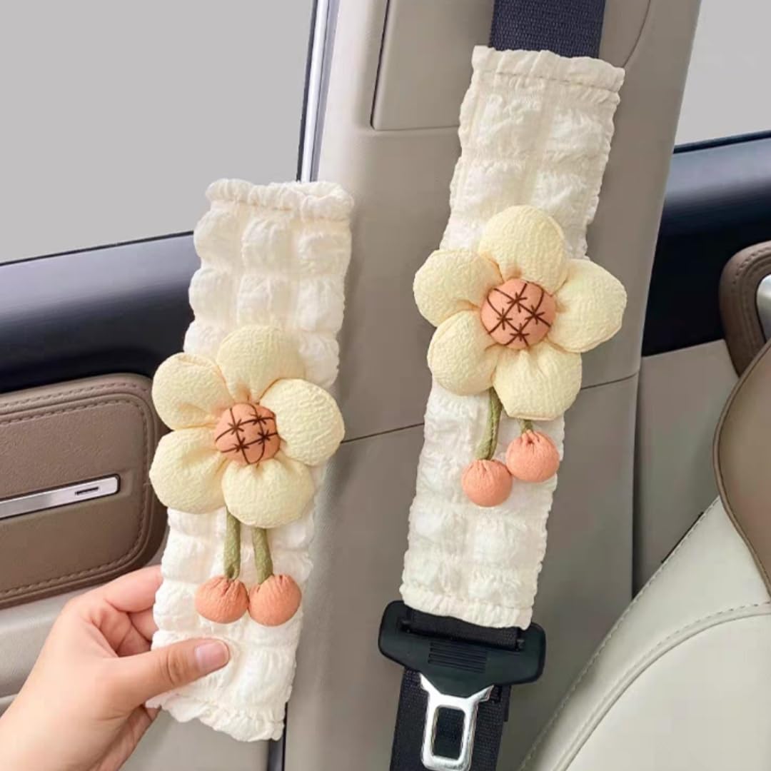 Cute Flower Seat Belt Cover Pads, 2 Pcs & 4 Pcs Seatbelt Covers for Women Adults, Car Seat Strap Pads, Seatbelt Cushion (Pink,2)