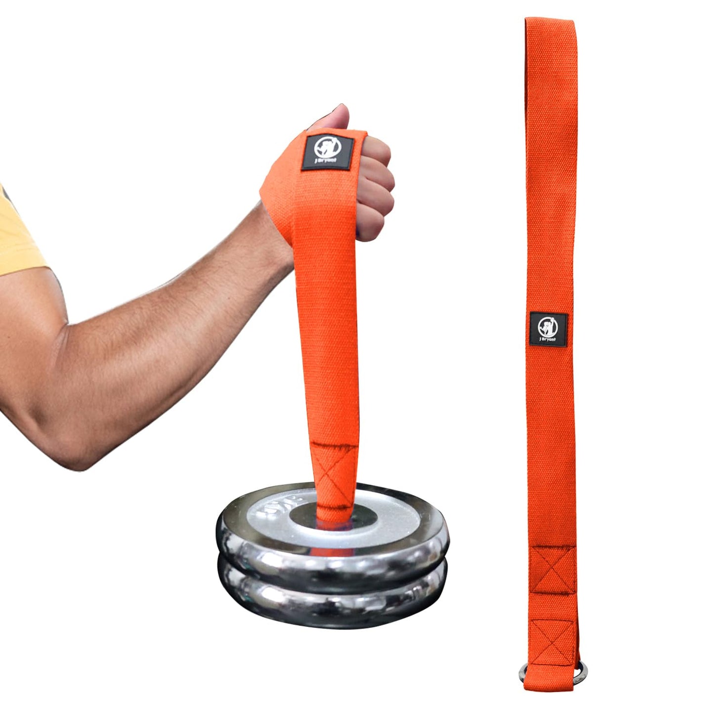 J Bryant Arm Wrestling Training Strap Belt Hand Grip- Ideal for Wrist Forearm and Biceps Workouts Multifunctional Home Gym Fitness Equipment Compatible with 1 inch and 2 inches Barbell Plates (Orange)