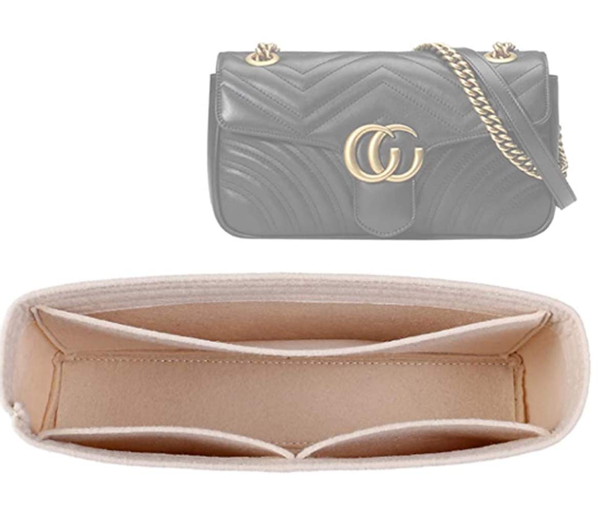 LEXSION Felt Insert Purse Organizer with Zipper,Small Handbag Tote Shaper Insert for GG Marmont Matelasse Shoulder Bag(Pack of 2)-Small 8030 Beige