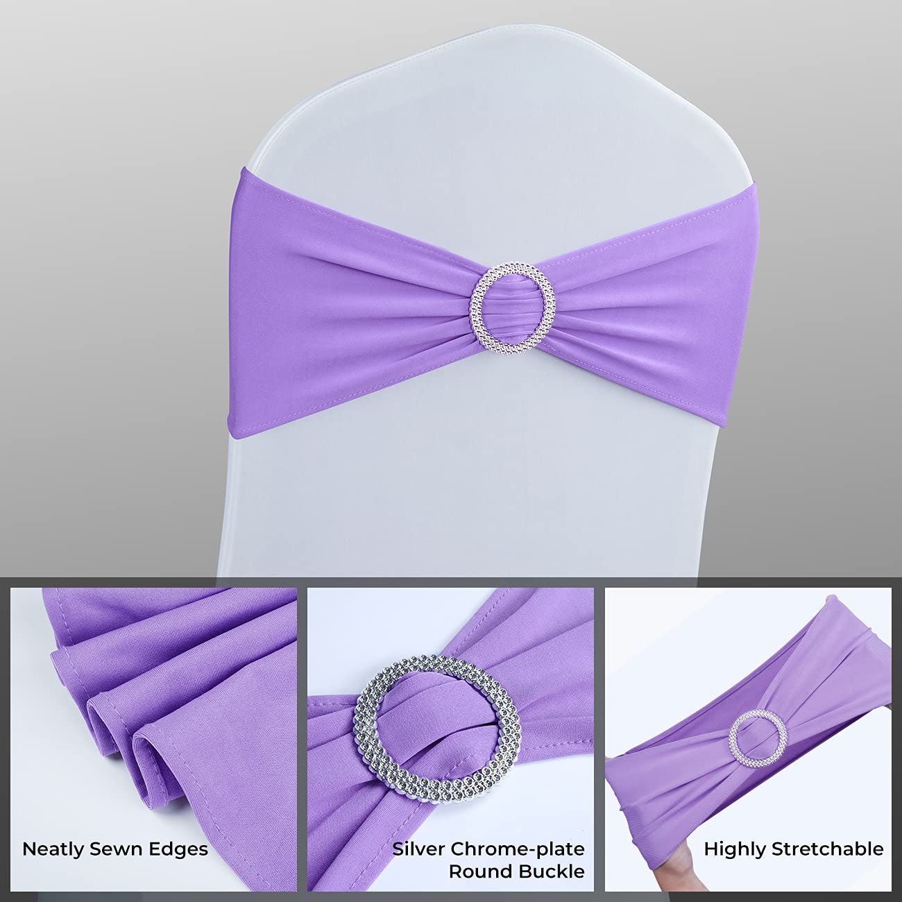 Babenest Spandex Chair Sashes Bows 100PCS Premium Stretch Chair Cover Band with Buckle Slider Universal Elastic Chair Ties for Wedding Party Ceremony Reception Banquet Decoration (Purple)