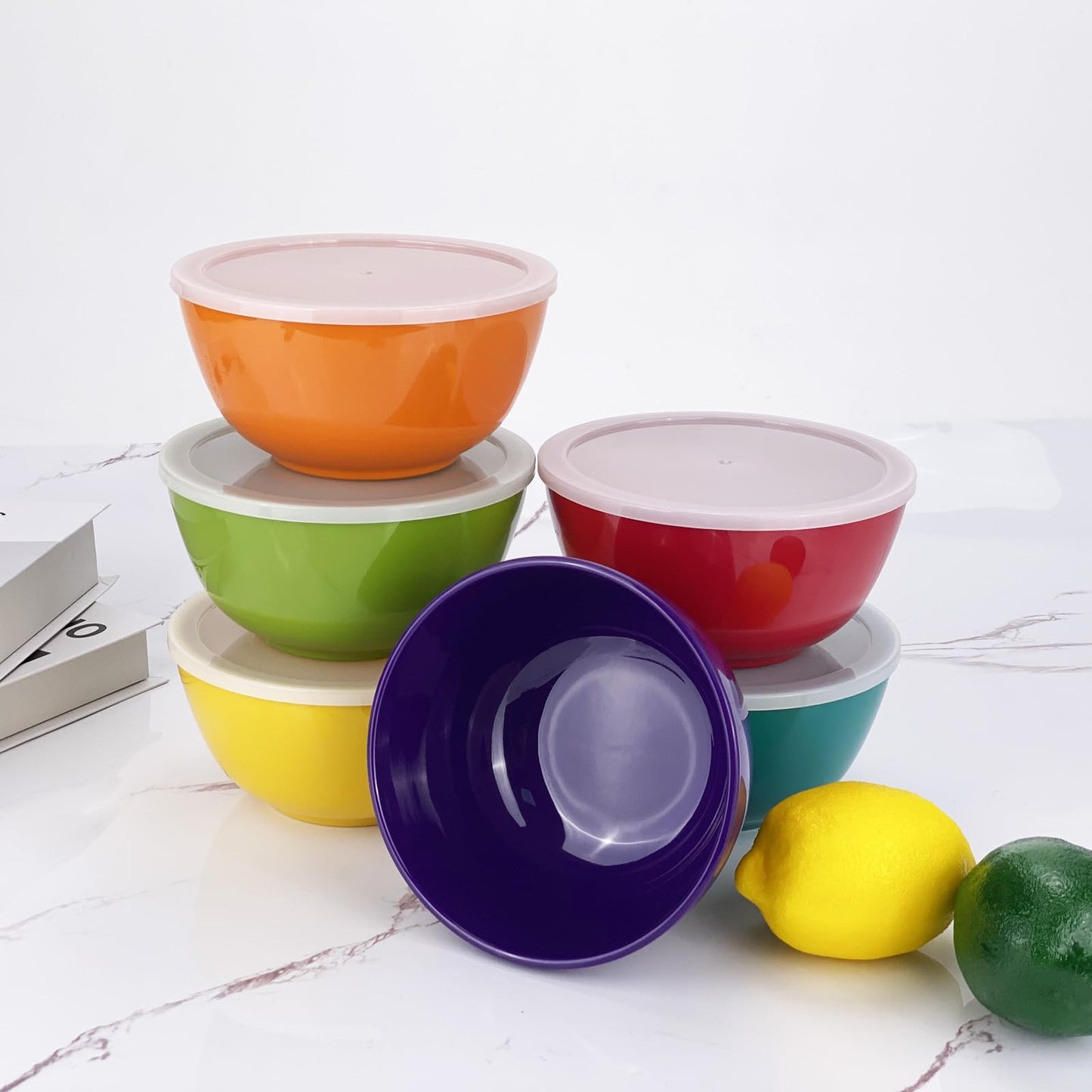 Haimenlite Set of 6 100% Melamine 28oz Salad Bowls Set,6 inch Round Melamine Soup Bowls,Melamine Dinnerware sets for Home Dinner Party or Picnic,Break-resistant and BPA Free,Multicolor (With Lid)