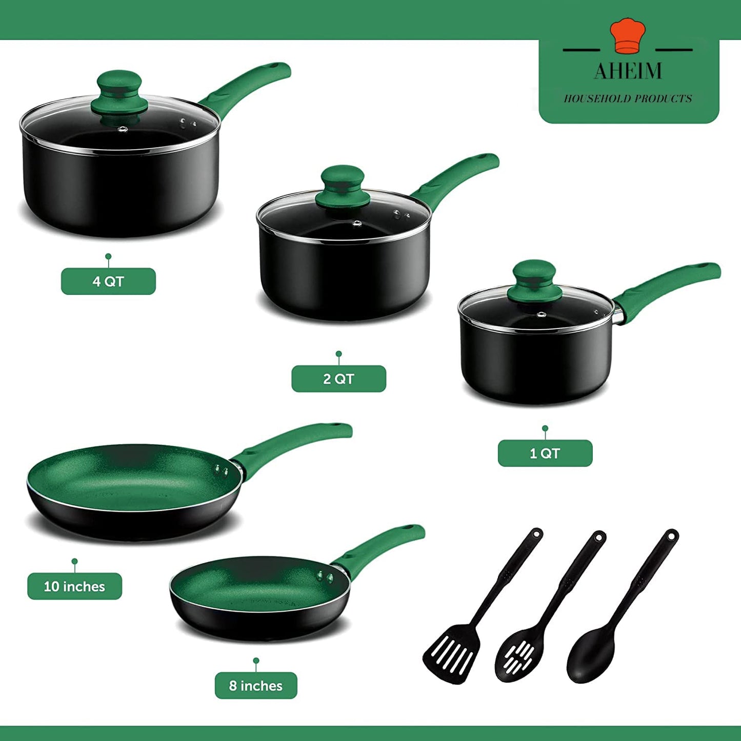 AHEIM Pots and Pans Set, Aluminum Nonstick Cookware Set, Fry Pans, Casserole with Lid, Sauce Pan, and Utensils, 11 Piece Cooking Set (Green)