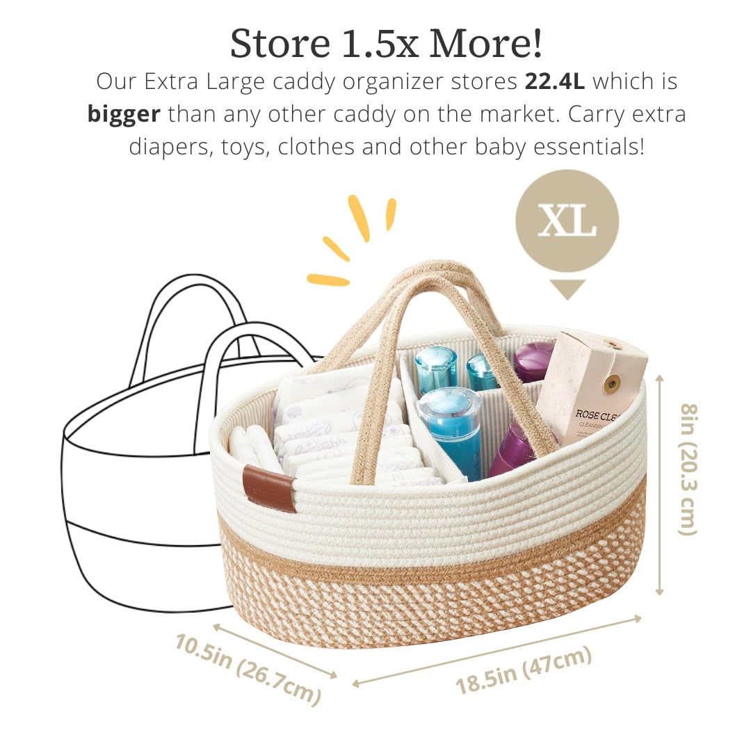 DECOMOMO Baby Caddy Organizer, Diaper Caddy Basket, Baskets for Baby Shower Gifts (Spiral Beige & White, Extra Large)