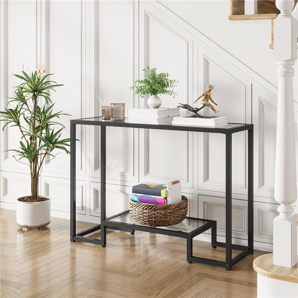 Yaheetech 42 Inch Console Table, Tempered Glass Entryway Table, 2-Tier Sofa Tables with Storage Shelves, Entrance Tables for Hallway Living Room, Black