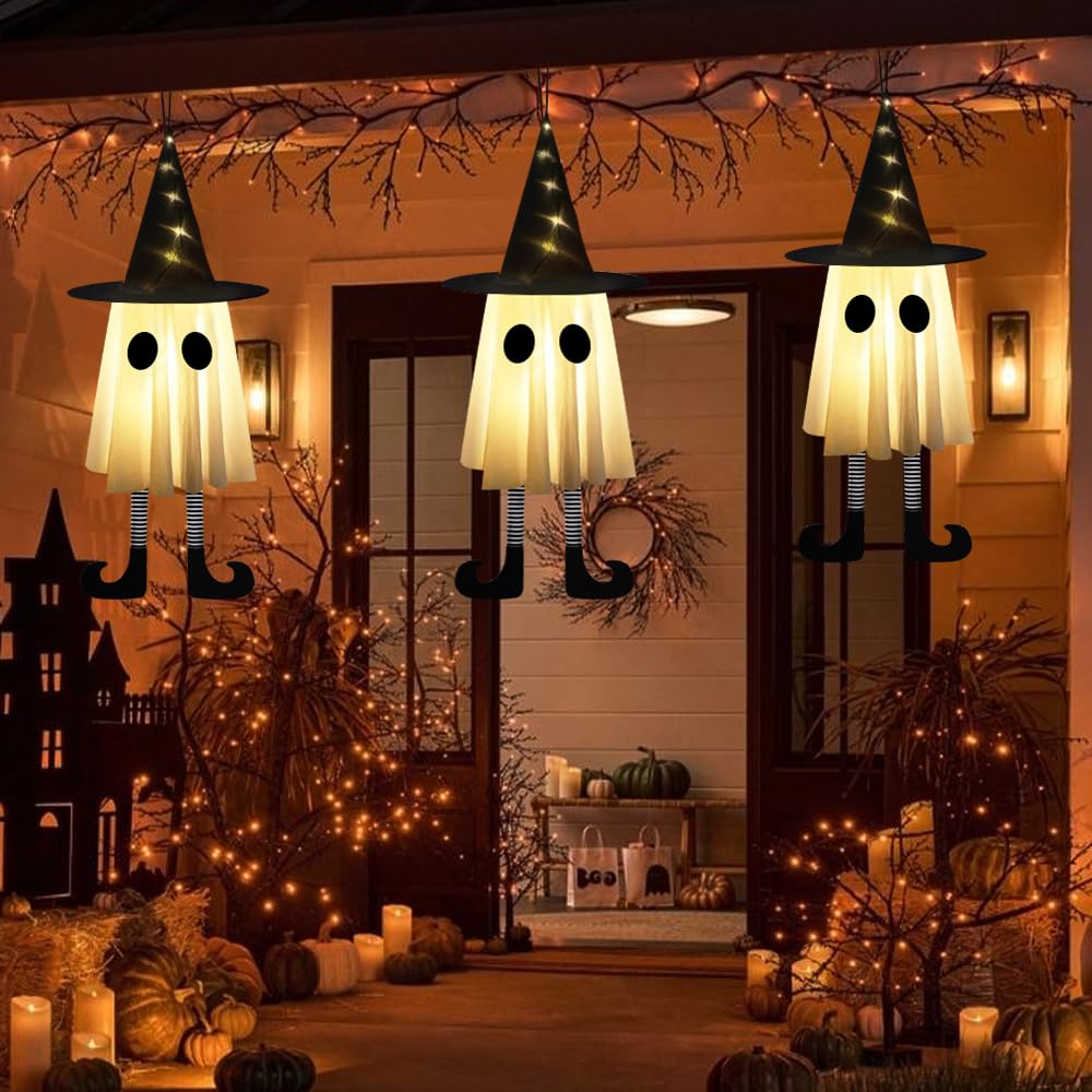 YUJUN 3 Packs Halloween Hanging Ghosts Decorations,Halloween Outdoor Indoor Witch Hat Glowing Ghost Lights Decor for Yard Patio Garden Tree Outside