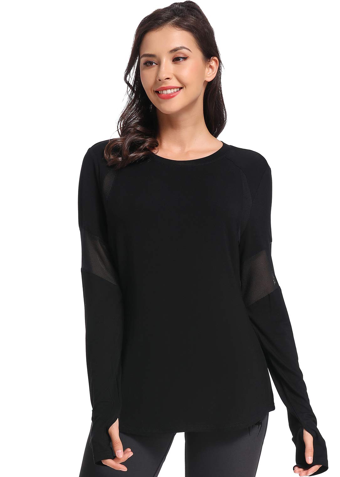 Muzniuer Women's Long Sleeve Yoga Workout Shirt - Breathable Activewear with Thumb Hole (Black, S)