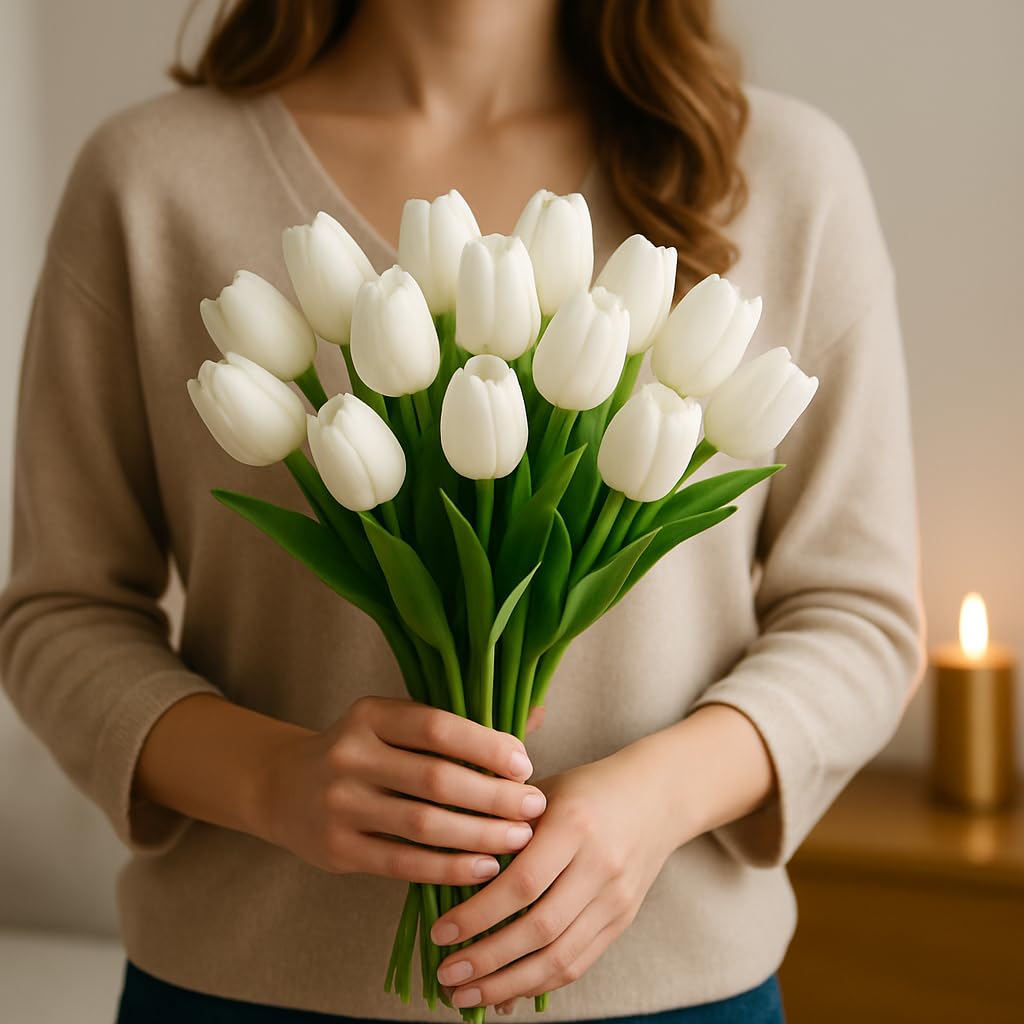 Enirunly 20pcs White Artificial Tulip Silk Fake Flowers 13.5" for Spring Easter Mother's Day Wedding Decor – Bulk Home Kitchen Office Party Supplies, Set