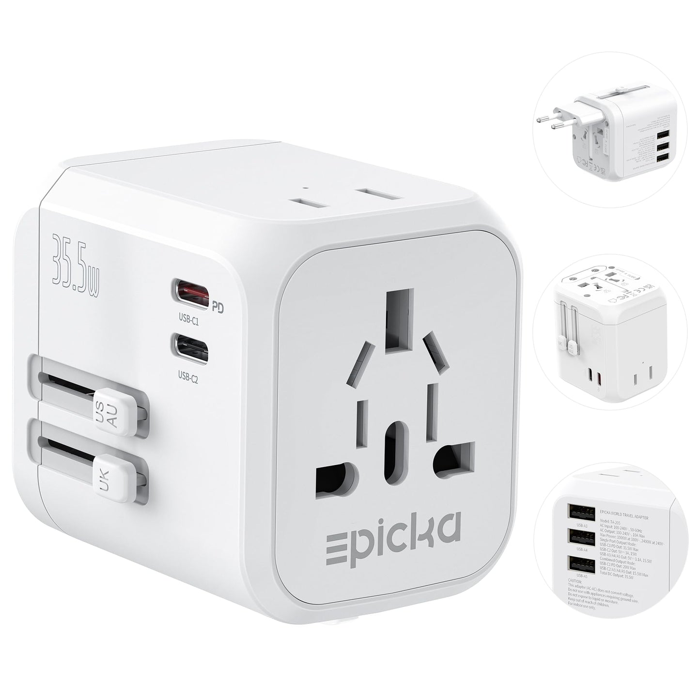 EPICKA 35W Universal Travel Adapter with 2 AC Outlet, European Travel Plug Adapter with PD Fast Charging, 6-Port (2 AC/2 USB-C/3 USB-A) International Power Adapter - Travel Essentials (TA-205, Black)