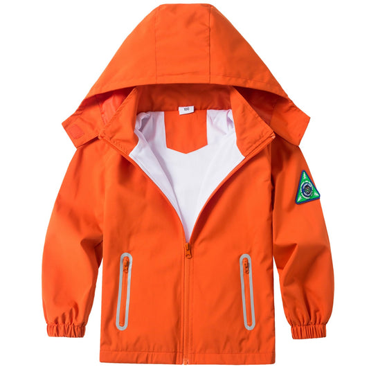 IjnUhb Kids Rain Jacket Waterproof Raincoat with Removable Hood for Boys Girls Orange 3/4