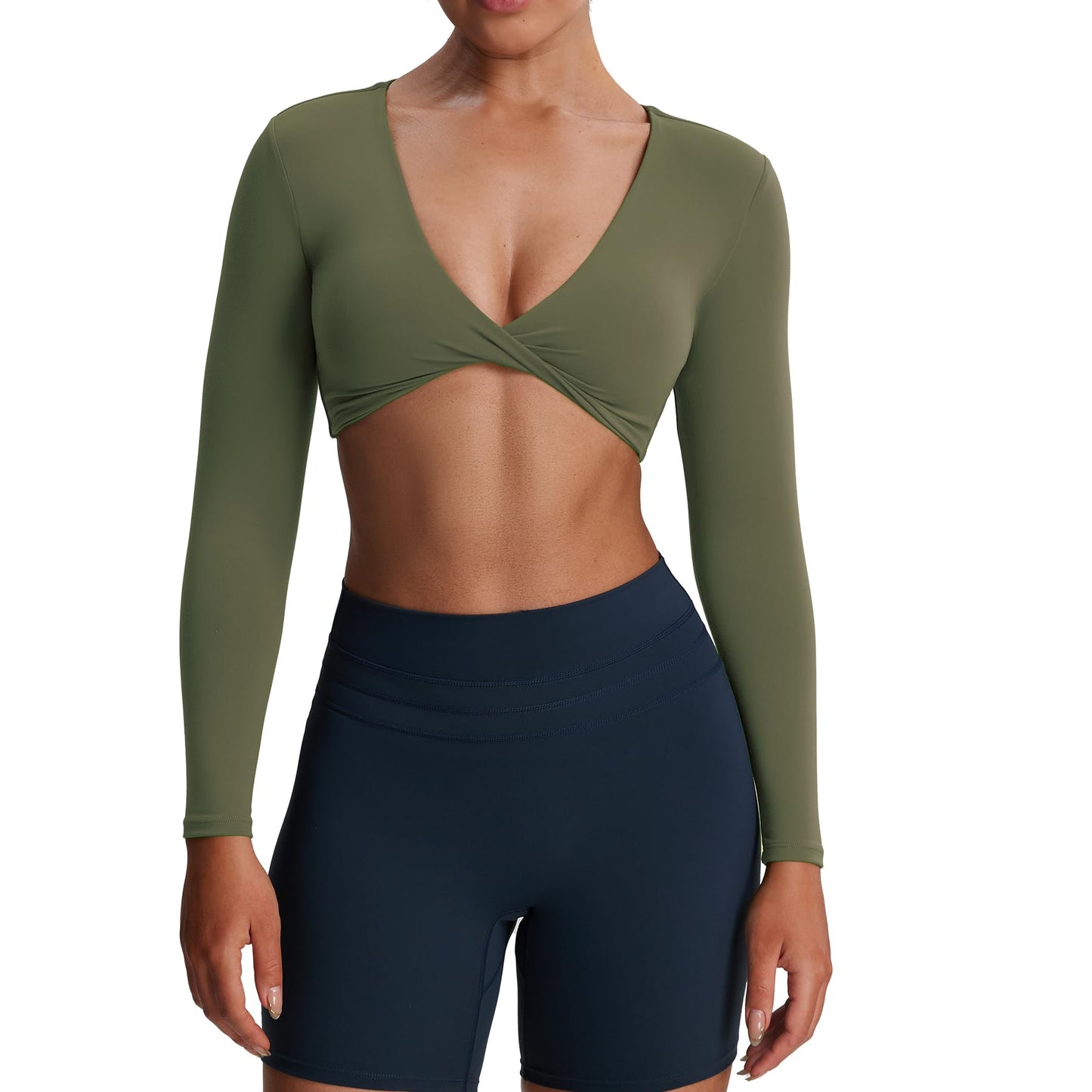 Aoxjox Long Sleeve Crop Tops for Women Sienna Twist Deep V Workout Cropped T Shirt Top (Olive Green, Small)