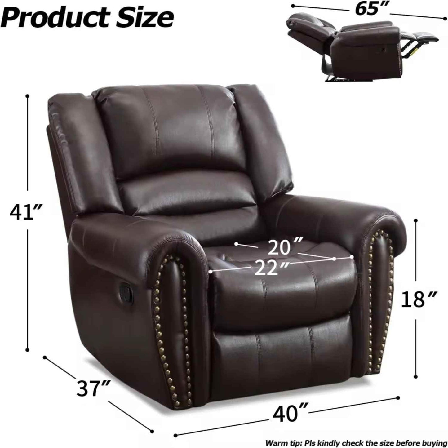 INZOY Leather Recliner Chair, Heavy Duty Manual Reclining Sofa Single Lounge Sofa for Living Room, Home Theater Seating, Brown