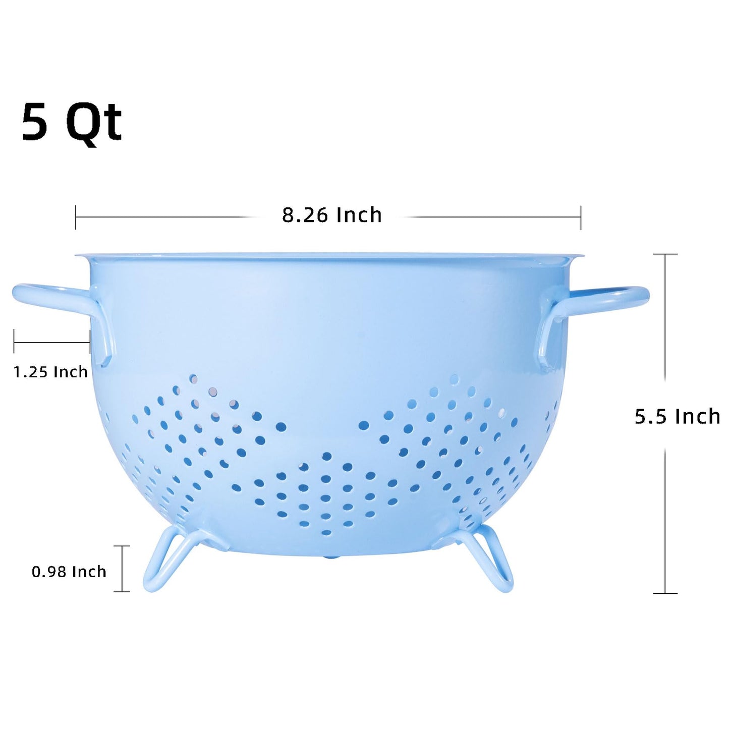 Metal Colander 5 Quart Powder Coated Self-draining Metal Strainer with Base,Kitchen Pasta Fruit Vegetable Basket with Double Handles,blue