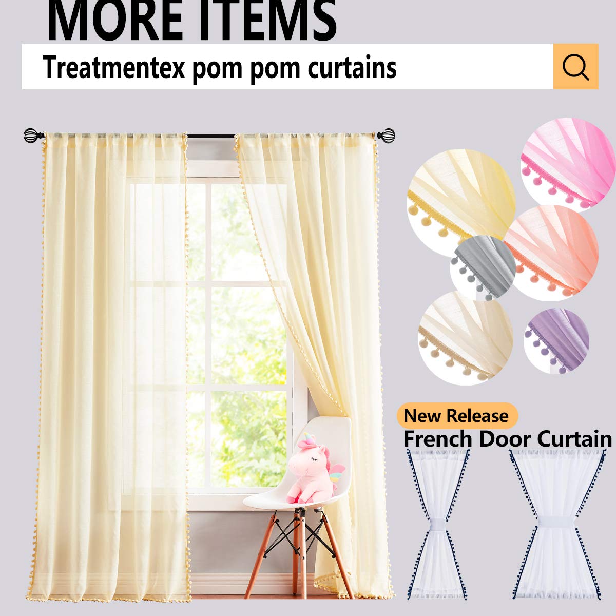Pom-Pom Cream Velvet Curtains for Living Room 63inch Length Luxury Heavy Ivory Window Drapery for Bedroom Kids Children Room Rod Pocket 42" w x 2Panels