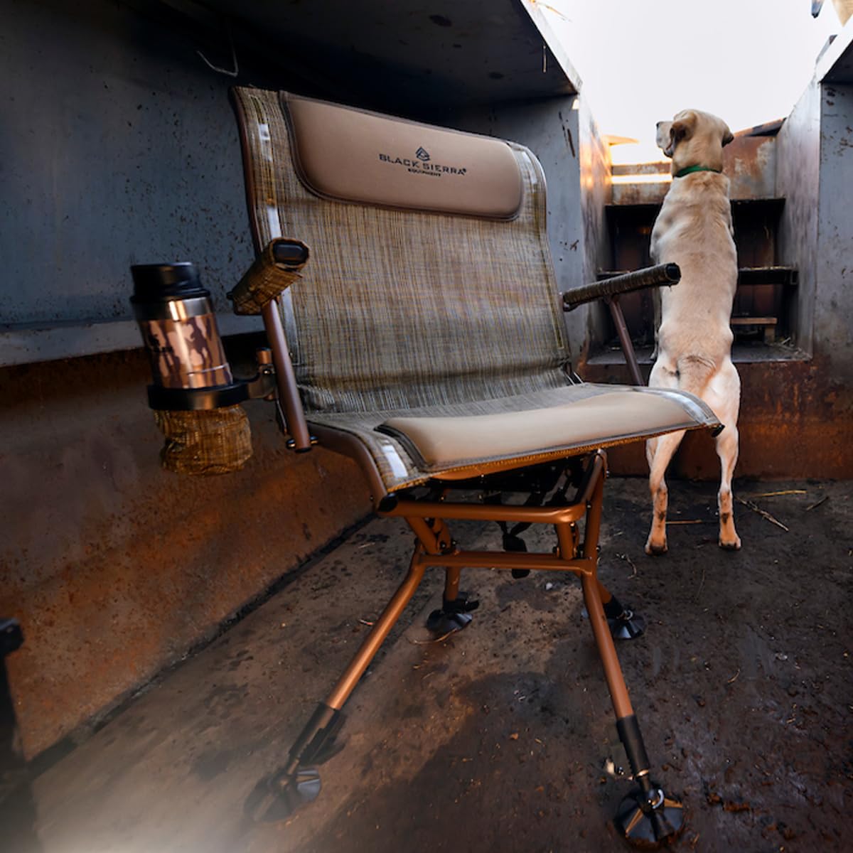 Black Sierra Heavy Duty Swivel Hunting & Camping Chair Supports 300 Lbs, XL 360° Silent Swivel for Hunting Blind, Portable Ground Chair w/All Terrain Feet, Padded Armrests w/Carry Strap and Cupholder