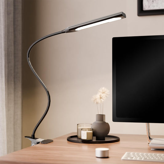 Orlian Desk Lamp Clip on LED Desk Lamp 3 Color Modes 14 Brightness Dimmable Table Lamp Metal Clip 360° Adjustable Gooseneck Portable Reading Lamp, Suit for Reading/Studying/Working Black
