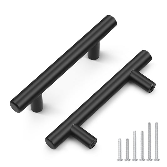 Probrico 10 Pack Hole Centers 3inch Stainless Steel Kitchen Cabinet Pulls,Flat Black Dresser Drawer Handles, 5inch Length Euro T Bar Pull Handle for Home Furnitures
