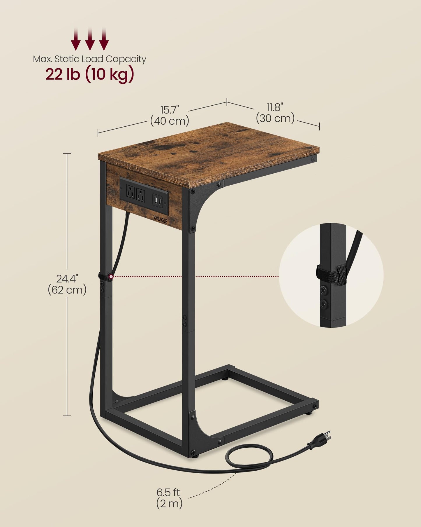 VASAGLE C-Shaped Side Table, End Table with Charging Station, C Table for Couch, Sofa, Adjustable Feet, for Bedroom, Living Room, 2 USB Ports and Outlets, Rustic Brown ULET362K01