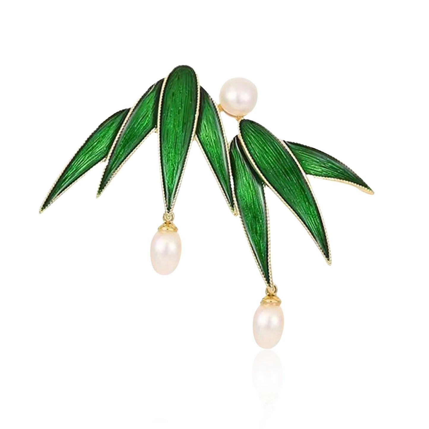 Bamboo Leaf Pearl Brooch for Women Enamel Leaves Lapel Brooch Pin Dress Accessories Wedding Party Birthday Graduation Jewelry for Mother Wife