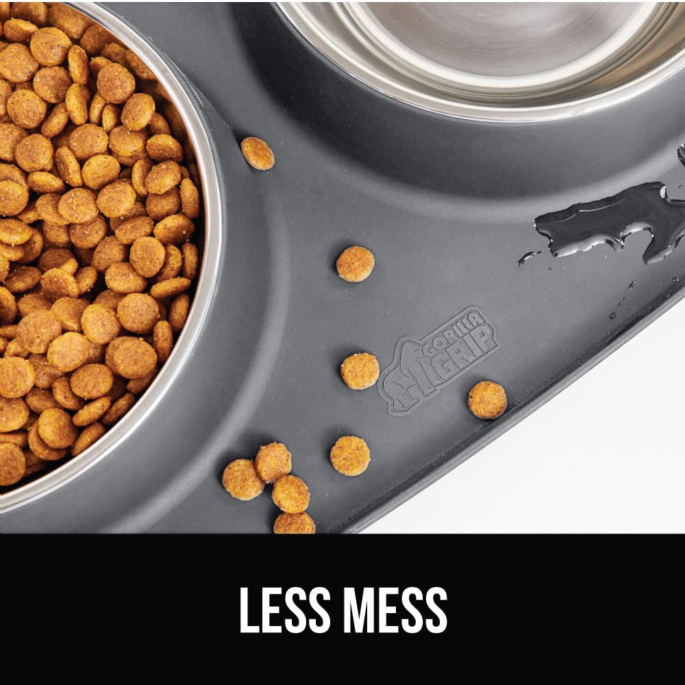 GORILLA GRIP Patent Pending 100% Waterproof BPA Free Cat and Dog Bowls Silicone Feeding Mat Set, Stainless Steel Bowl Slip Resistant Raised Edges, Catch Water, Food, Pet Accessories, 2 Cup, Gray