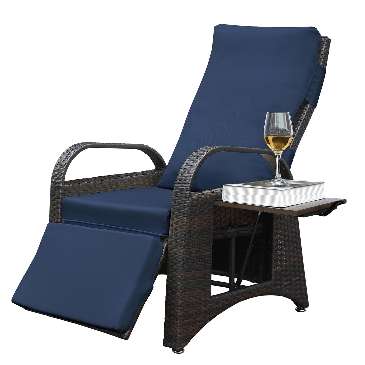 ATR ART TO REAL Outdoor Recliner Chairs, PE Wicker Reclining Lounge Chair with Removable Soft Cushion, Adjustable Outside Recliners for Patio, Porch, Poolside, Balcony, Lawn (Navy Blue, 1 PC)