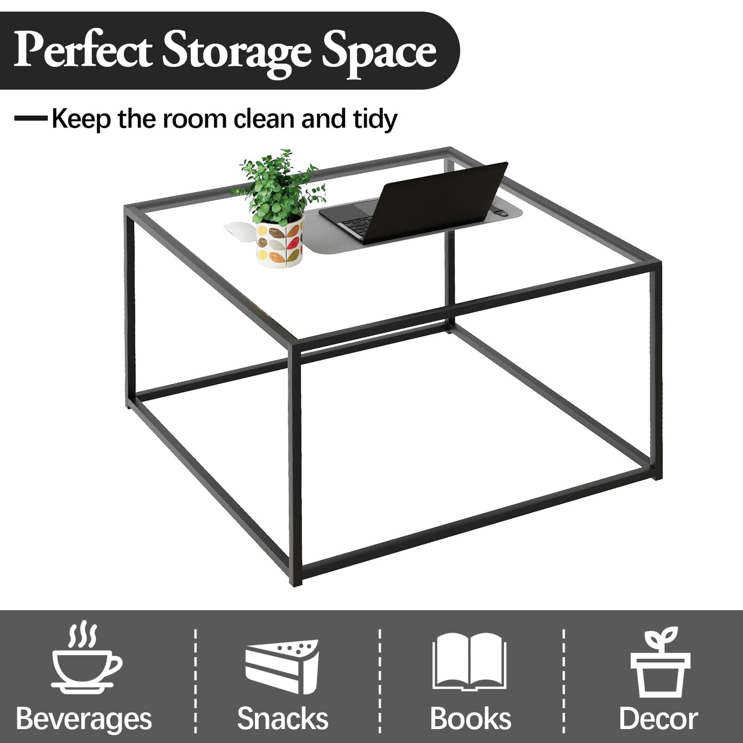 Black Glass Coffee Table for Living Room,Square Coffee Tables for Small Spaces,Simple Tea Cocktail Modern Center Tables, Living Room Tables,Easy Assembly,26 * 26in（Black & Clear Glass）