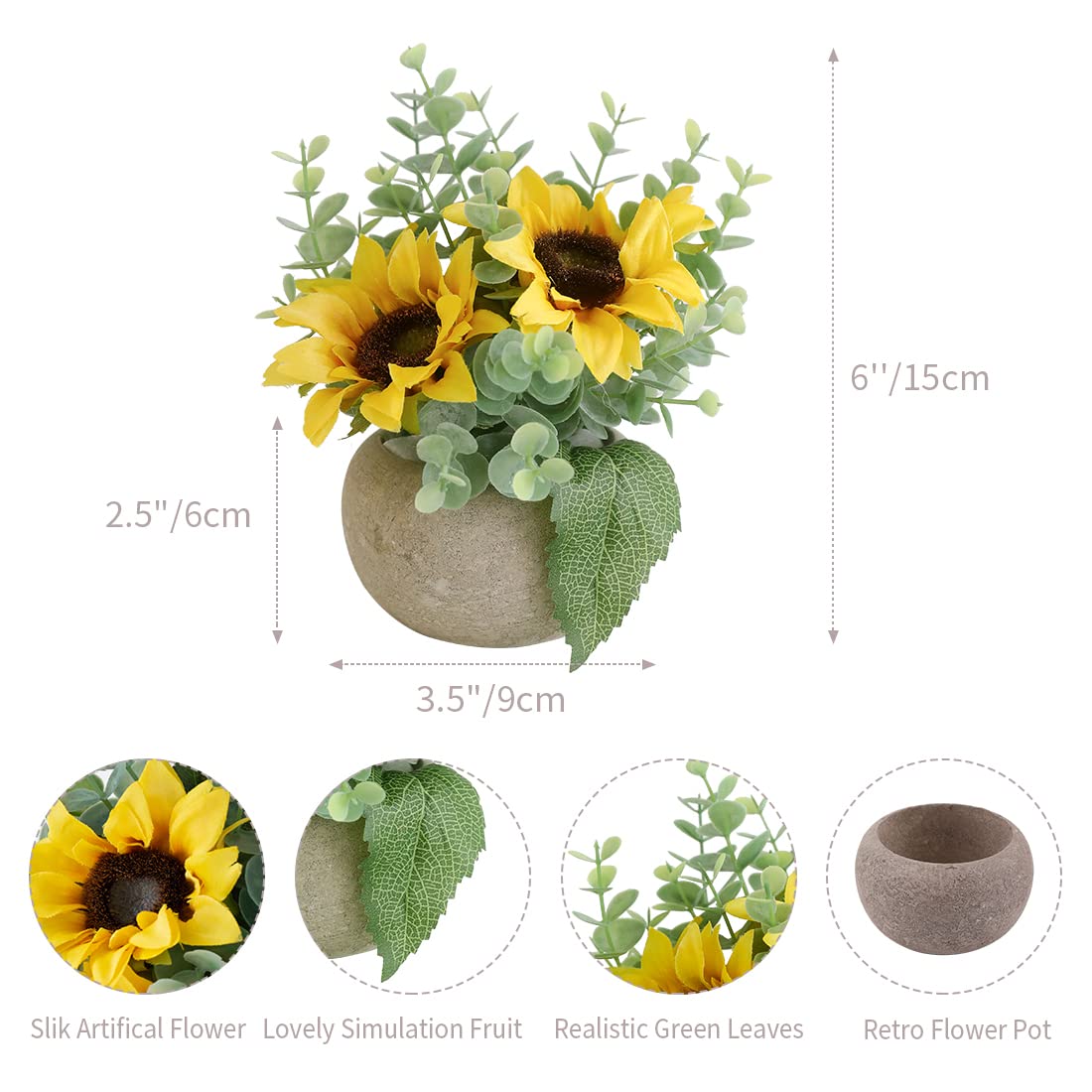 Rosscer Artificial Flowers Kit with Pot, Combination of Fake Silk Sunflowers and Greenery,Small Plant Potted Decor for Offices,Bookshelf,Bedroom, Living Room,Party,Wedding Decorations…