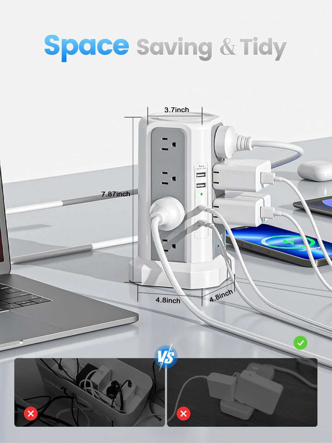 Power Strip Tower Surge Protector with 4 USB Ports (PD 20W), 6FT Extension Cord with 16 AC Multiple Outlets, Charging Station Tower with Surge Protection for Home Dorm Office Supplies