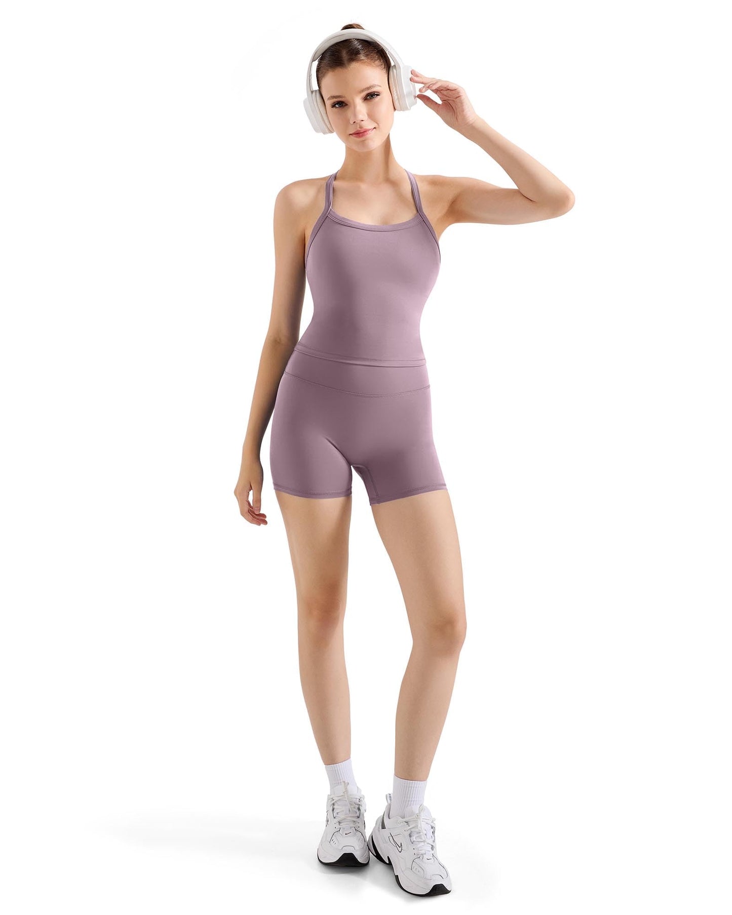 SUUKSESS Women 2 Piece Workout Sets High Waisted Tummy Control Biker Shorts Halter Padded Tank Tops Racerback Sports Bras (Hemp Pink, M)