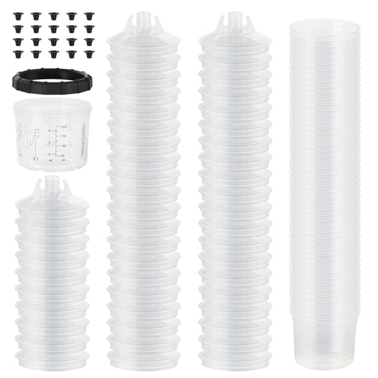 ROADGIVE Disposable Paint Spary Gun Cups(200ML/6.7OZ), Spray Paint Cup Kit with 50 Cup Liners, 50 Lids, 20 Sealing Plugs, 1 Retainer Ring, 1 Hard Cup for Automotive Paint Gun