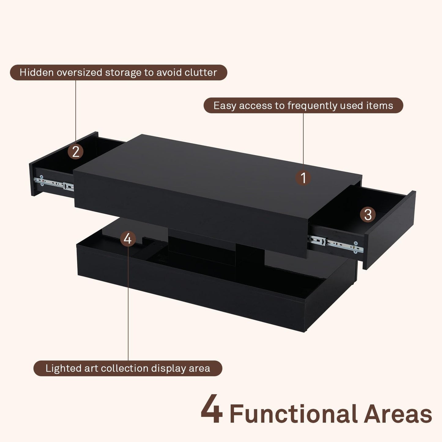 OC Orange-Casual LED Coffee Table with Storage, High Glossy Center Table with 2 Sliding Drawers, Modern Stylish Rectangle Coffee Table Double Layer with Open Display Shelf for Living Room (Black)