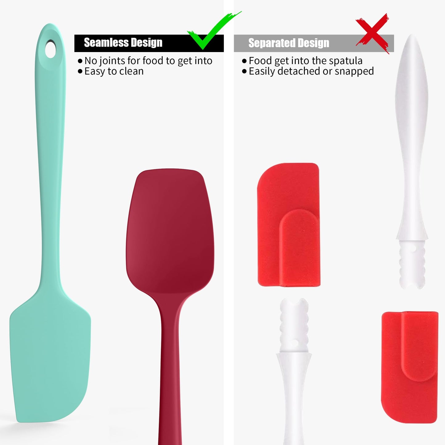Doosu Silicone Scraper Spoon Spatulas, 600°F Heat Resistant BPA Free Rubber Flat Spatula, Kitchen Mixing Stirring Cooking Spoonula, Non-Stick Dishwasher Safe Baking Supplies (2 Pcs, Aqua+Red)