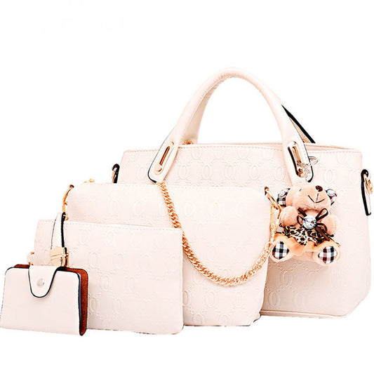 FiveloveTwo Women 4 Pcs Top Handle Satchel Hobo Handbag Set Large Tote +Purse +Shoulder Bag+Card Holder Beige