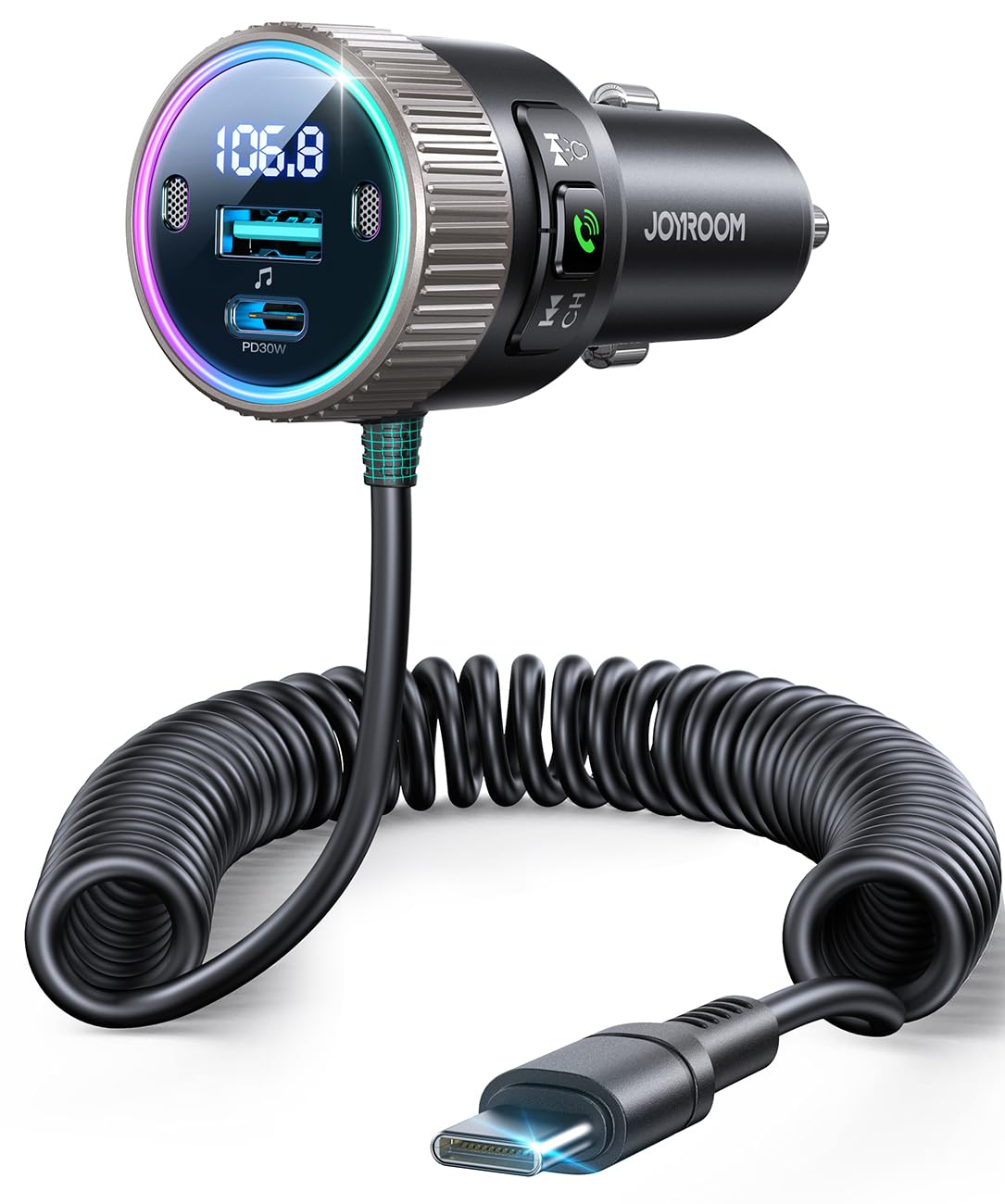 JOYROOM Bluetooth 5.4 FM Transmitter for Car, [60W PD 3.0] Bluetooth Car Adapter Fast Charging with USB C Cable, Cigarette Lighter Radio Music Adapter, Hands-Free Calling, Light Control, USB Drive