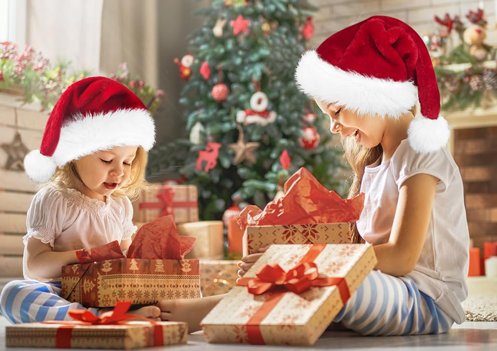 BSVI Santa Hat Kid Christmas Holiday Comfort Extra Thicken Keep Warm Red Velvet Unisex Xmas Hat for Festive New Year Party